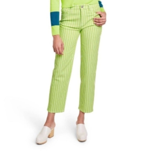 Victor Glemaud Lime Green White Pinstripe Jeans straight skinny size 8 women’s - Picture 3 of 9